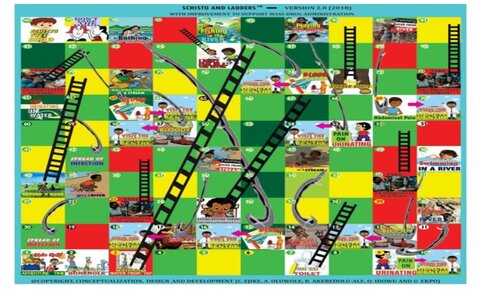 Schisto and ladders version 2 was designed to encourage school children to participate in praziquantel treatment in their schools. It contains health education messages that encourage uptake of praziquantel MDA.