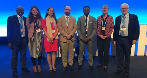 “Schistosomiasis Through the Ages” symposium presenters, moderators and organizers at the European Congress on Tropical Medicine and International Health. From L to R: Seke Kayuni, Christina Faust, Jennifer Downs, Russell Stothard, Derick Okasunor, Jutta Reinhard-Rupp, David Rollinson. (Not pictured: Poppy Lamberton)