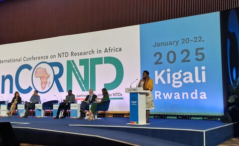 Prudence Beinamaryo, Uganda MoH presenting on stage at the 2025 InCORNTDs meeting.
