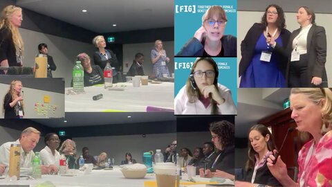 A collage of photos from the FGS strategy meeting at the ASTM showing participants discussing in a room, some holding microphpones, some seated around a table with post-its and notes.